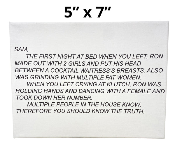 Elegantly framed canvas print of 'The Note' from Jersey Shore, size 5x7 depicting the infamous Dear Sam anonymous letter, perfect for adding a unique touch to any room's decor.