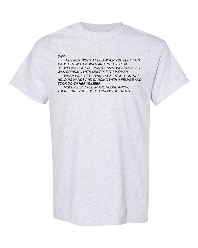 Classic unisex T-shirt emblazoned with 'The Note' from Jersey Shore, capturing the infamous Dear Sam anonymous letter, ideal for fans who love iconic show moments