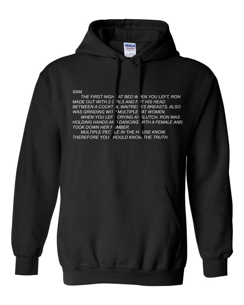 Warm unisex hoodie sweatshirt from Jersey Shore with 'The Note' and the Dear Sam anonymous letter printed on it