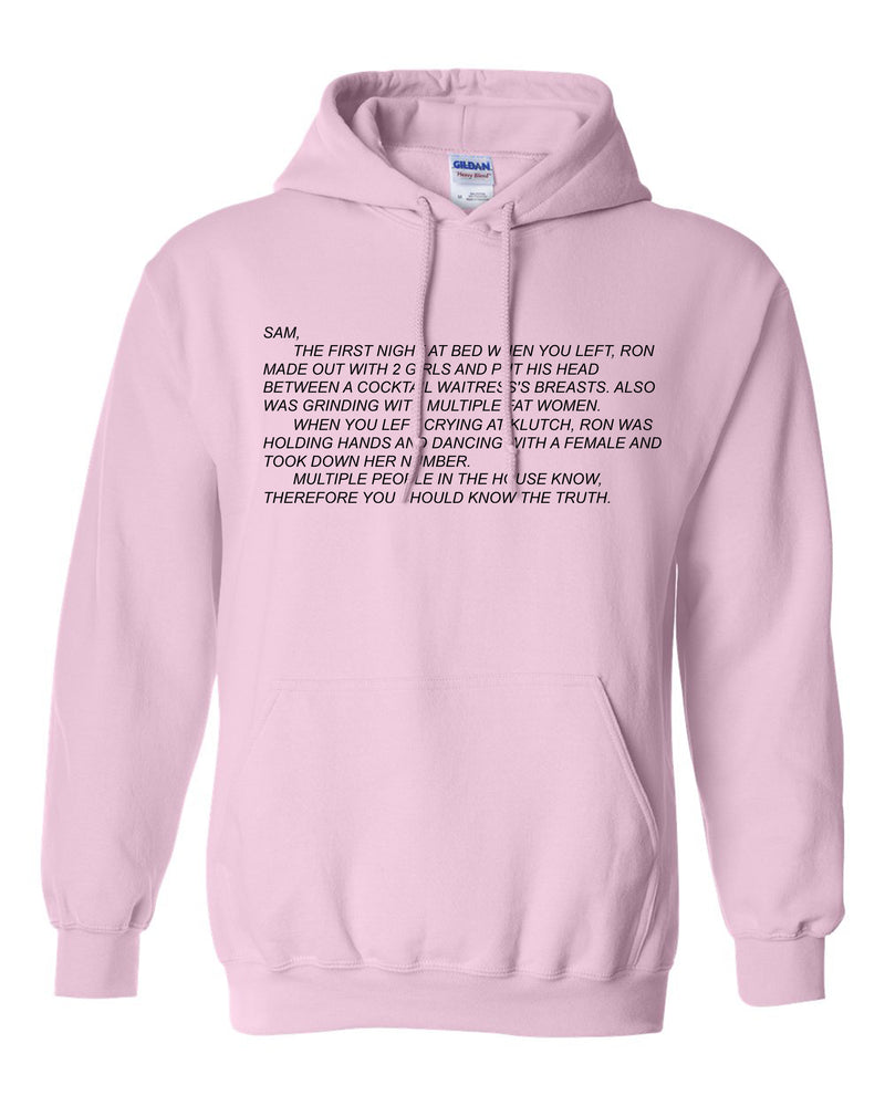 Warm unisex hoodie sweatshirt from Jersey Shore with 'The Note' and the Dear Sam anonymous letter printed on it