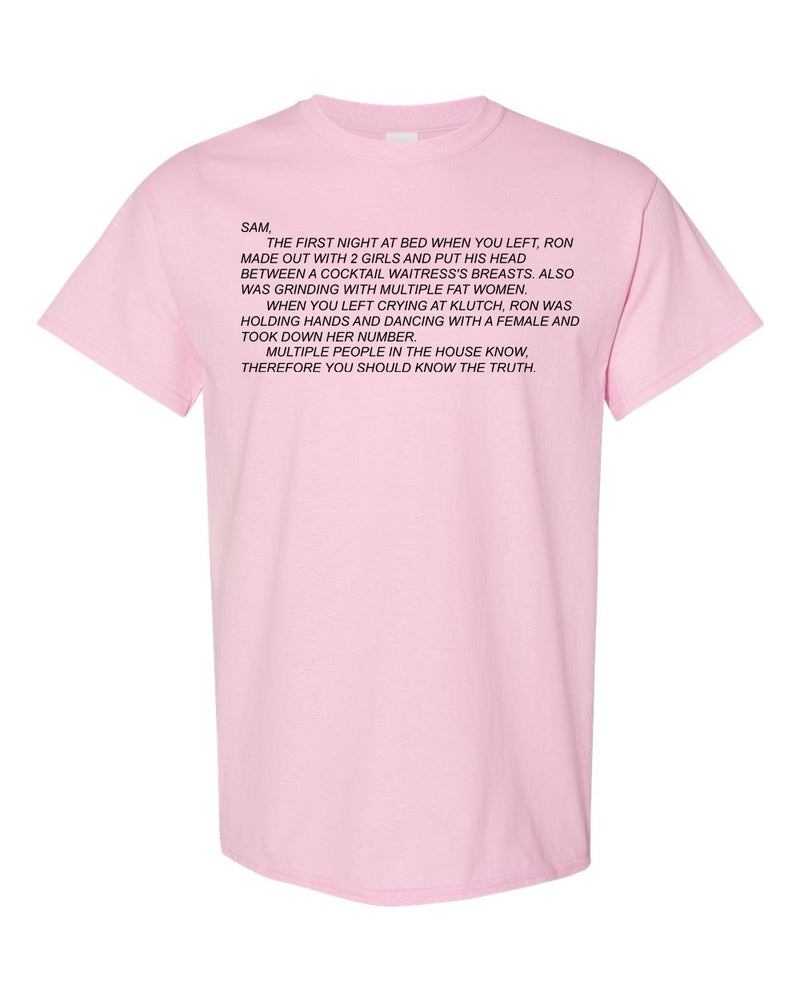 Classic unisex T-shirt emblazoned with 'The Note' from Jersey Shore, capturing the infamous Dear Sam anonymous letter, ideal for fans who love iconic show moments