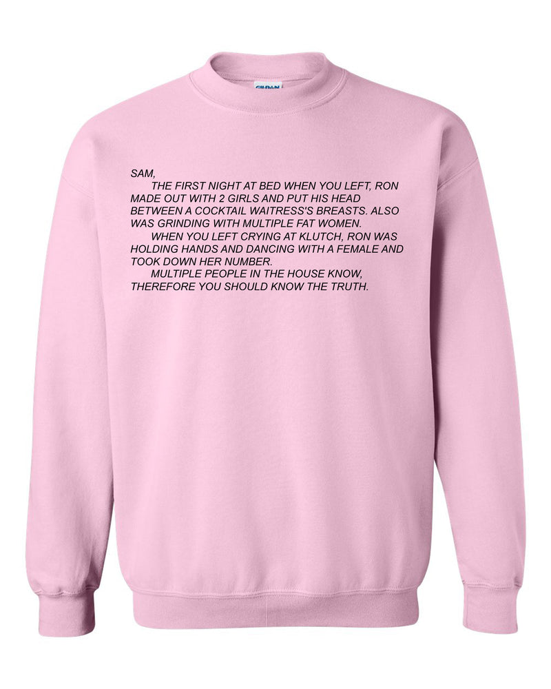 Cozy unisex crewneck sweatshirt featuring 'The Note' from Jersey Shore, with the infamous Dear Sam anonymous letter, perfect for fans who love comfort with a dash of drama