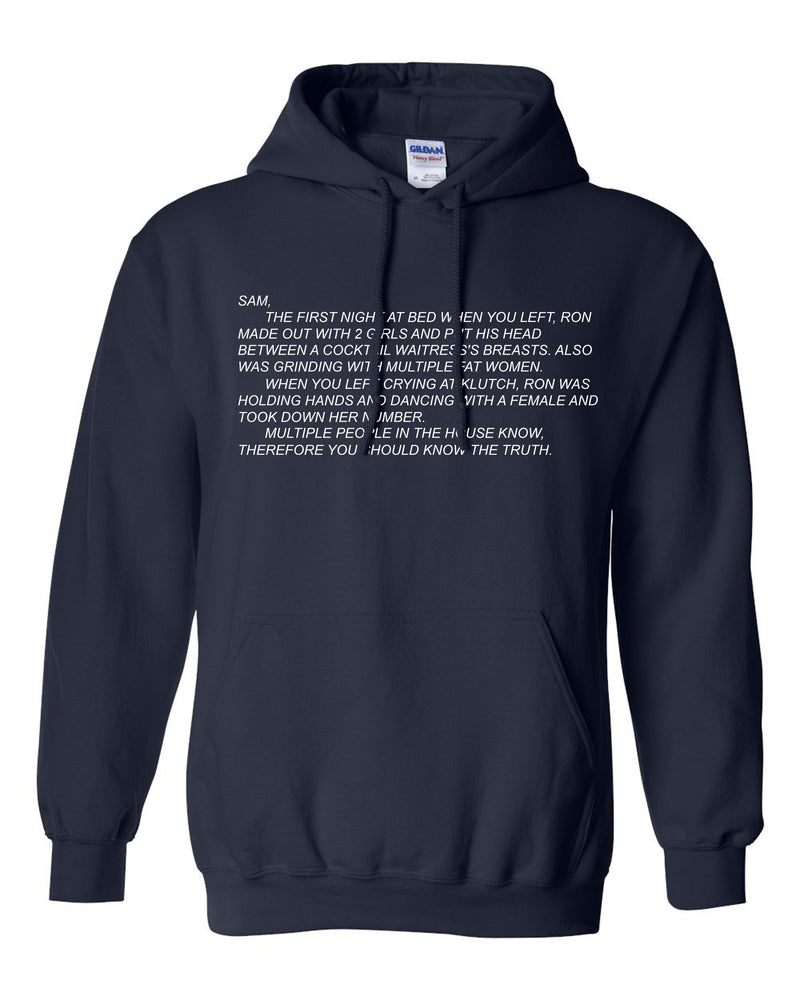 Warm unisex hoodie sweatshirt from Jersey Shore with 'The Note' and the Dear Sam anonymous letter printed on it