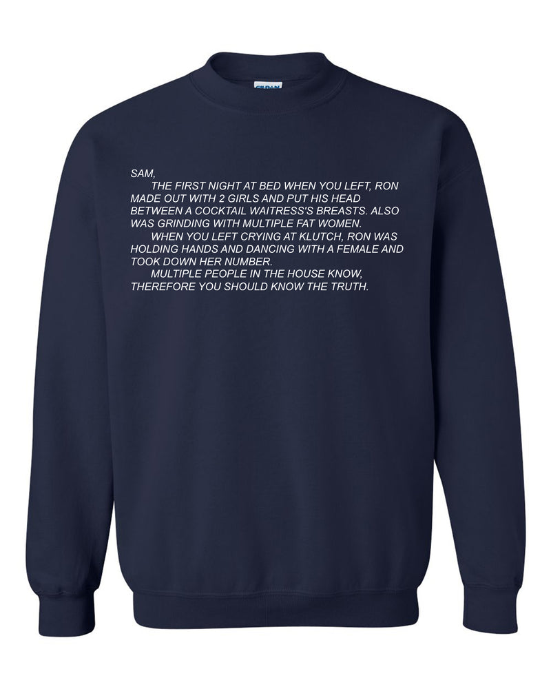 Cozy unisex crewneck sweatshirt featuring 'The Note' from Jersey Shore, with the infamous Dear Sam anonymous letter, perfect for fans who love comfort with a dash of drama