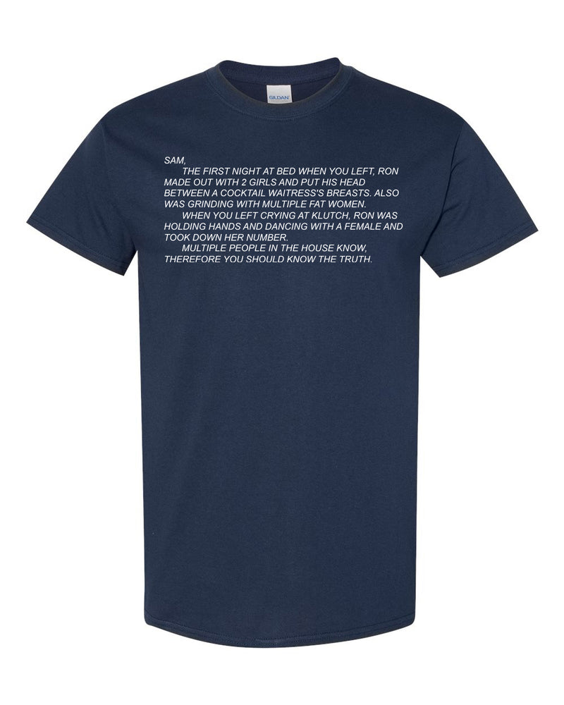 Classic unisex T-shirt emblazoned with 'The Note' from Jersey Shore, capturing the infamous Dear Sam anonymous letter, ideal for fans who love iconic show moments