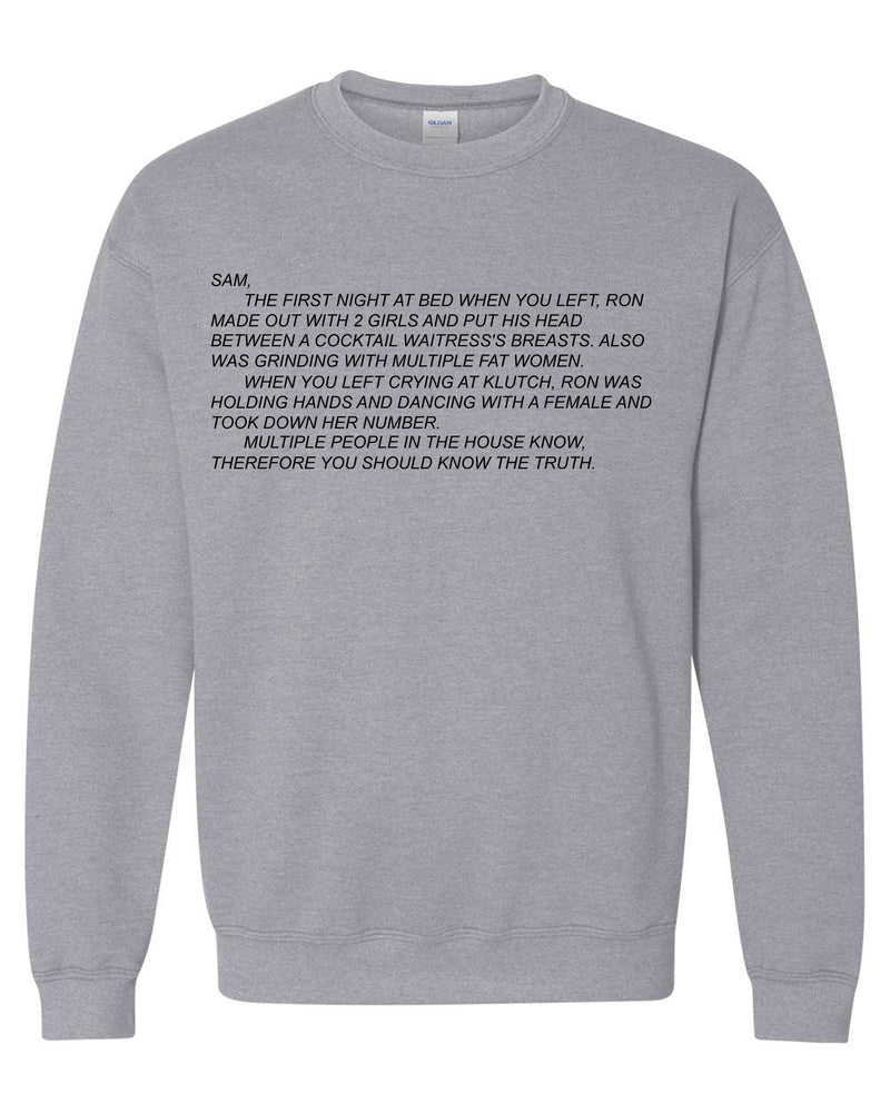 Cozy unisex crewneck sweatshirt featuring 'The Note' from Jersey Shore, with the infamous Dear Sam anonymous letter, perfect for fans who love comfort with a dash of drama