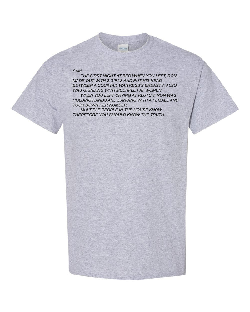 Classic unisex T-shirt emblazoned with 'The Note' from Jersey Shore, capturing the infamous Dear Sam anonymous letter, ideal for fans who love iconic show moments