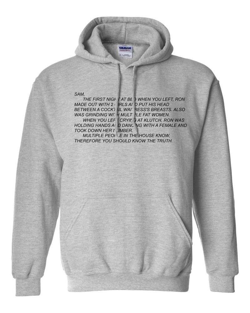 Warm unisex hoodie sweatshirt from Jersey Shore with 'The Note' and the Dear Sam anonymous letter printed on it