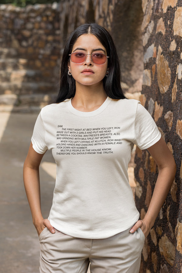 Classic unisex T-shirt emblazoned with 'The Note' from Jersey Shore, capturing the infamous Dear Sam anonymous letter, ideal for fans who love iconic show moments