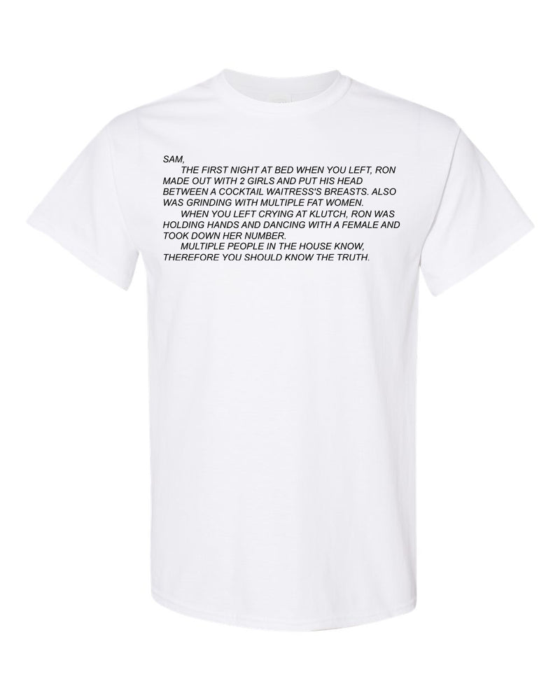 Classic unisex T-shirt emblazoned with 'The Note' from Jersey Shore, capturing the infamous Dear Sam anonymous letter, ideal for fans who love iconic show moments