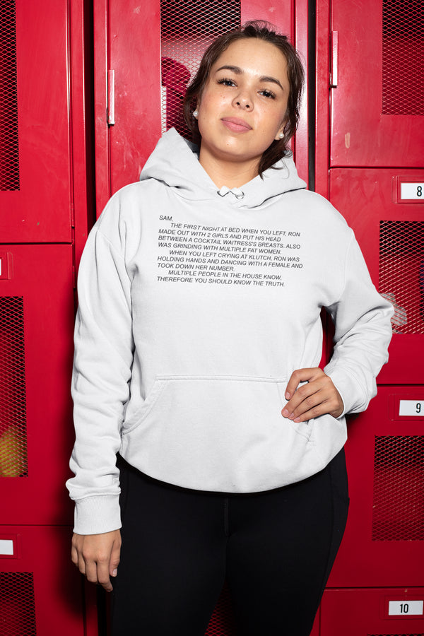 Warm unisex hoodie sweatshirt from Jersey Shore with 'The Note' and the Dear Sam anonymous letter printed on it, perfect for fans seeking comfort and a touch of show memorabilia.