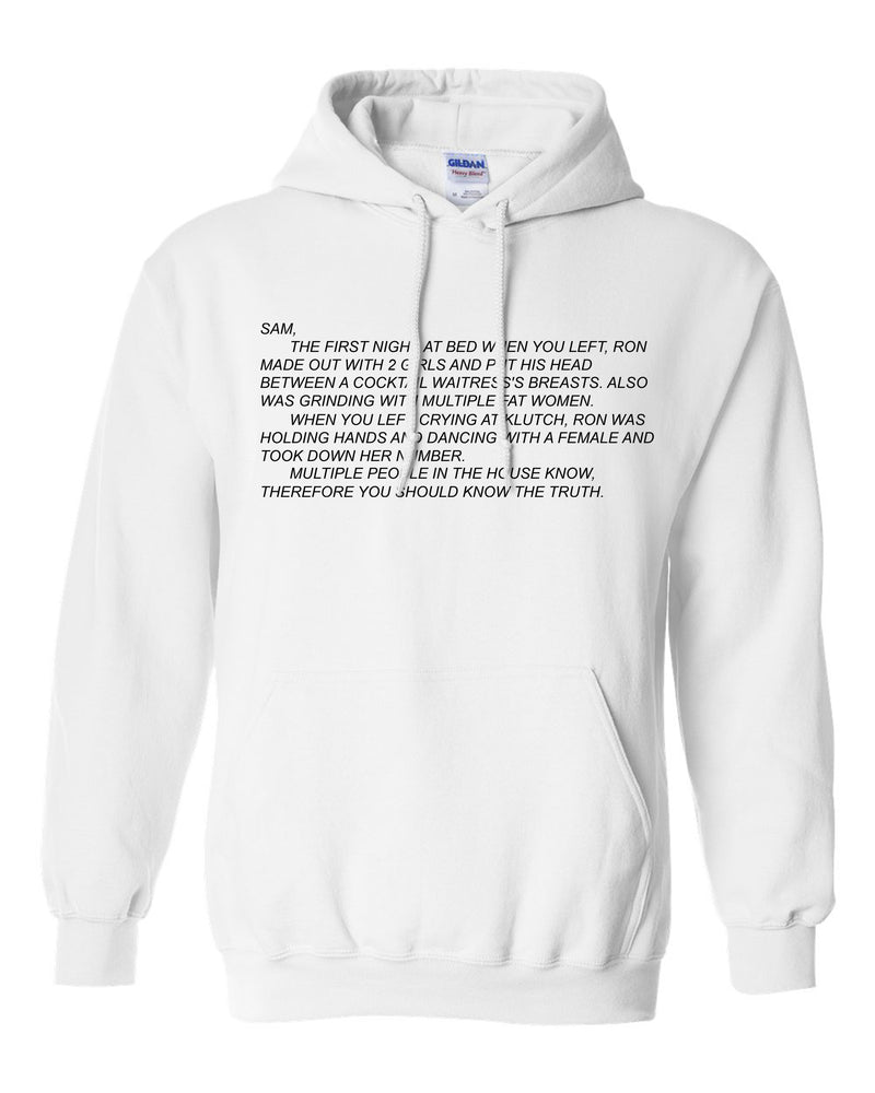 Warm unisex hoodie sweatshirt from Jersey Shore with 'The Note' and the Dear Sam anonymous letter printed on it