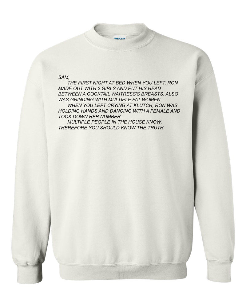 Cozy unisex crewneck sweatshirt featuring 'The Note' from Jersey Shore, with the infamous Dear Sam anonymous letter, perfect for fans who love comfort with a dash of drama