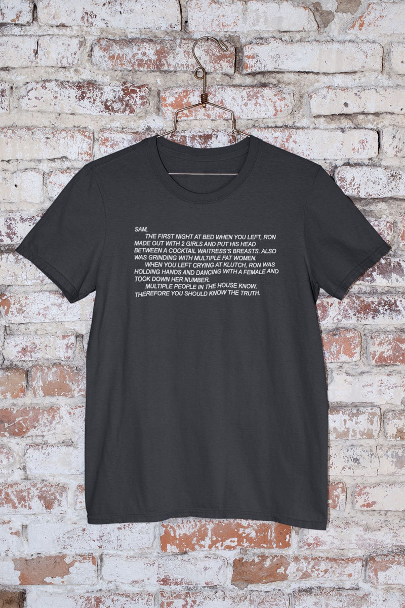 Classic unisex T-shirt emblazoned with 'The Note' from Jersey Shore, capturing the infamous Dear Sam anonymous letter, ideal for fans who love iconic show moments