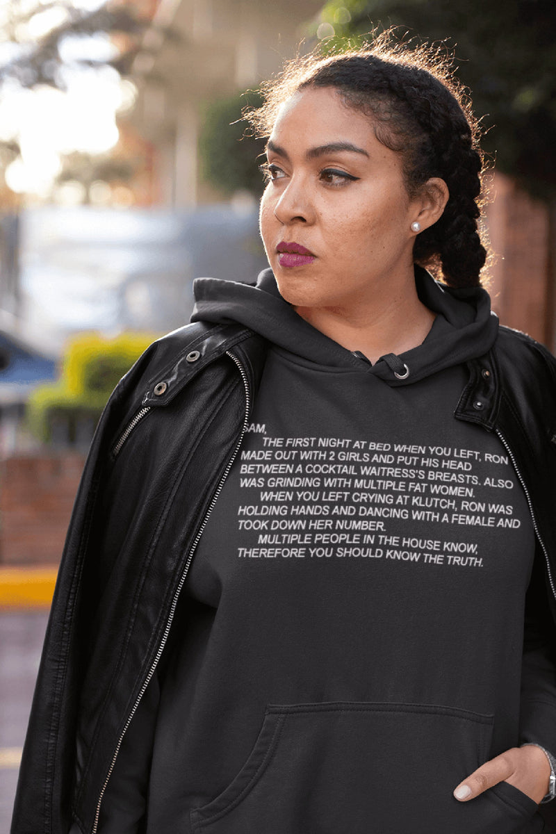 Warm unisex hoodie sweatshirt from Jersey Shore with 'The Note' and the Dear Sam anonymous letter printed on it