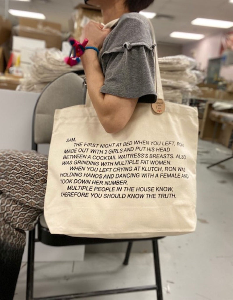 Durable canvas tote bag adorned with the infamous Jersey Shore anonymous note, perfect for fans seeking a practical yet stylish way to carry their essentials.