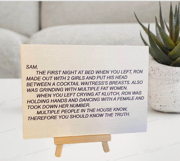 Framed canvas print of 'The Note' from Jersey Shore, featuring the Dear Sam anonymous letter