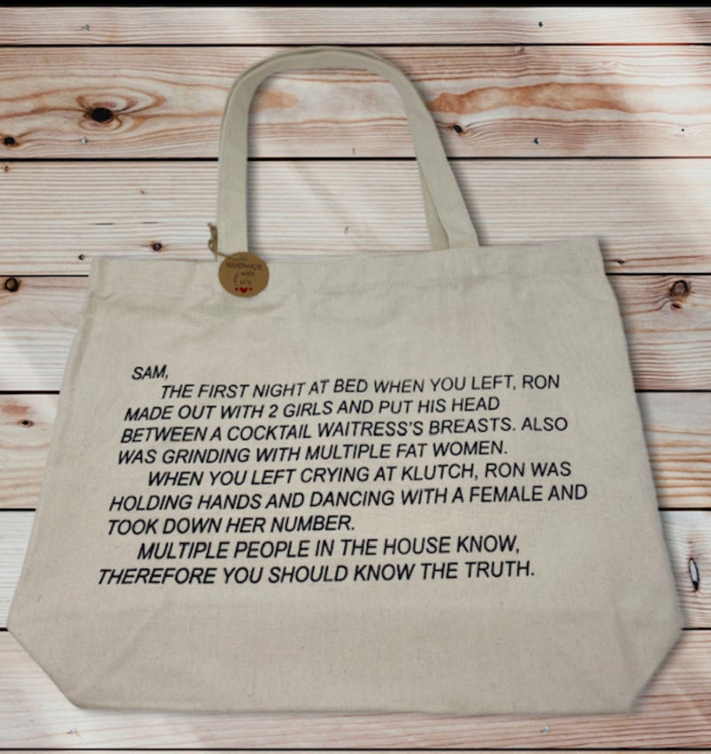 Durable canvas tote bag adorned with the infamous Jersey Shore anonymous note, perfect for fans seeking a practical yet stylish way to carry their essentials.