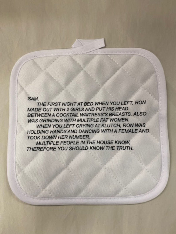 Jersey Shore-themed pot holder adorned with 'The Note' and the Dear Sam anonymous letter