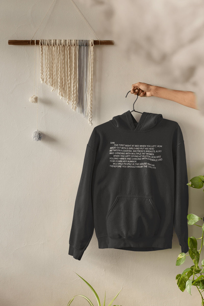 Warm unisex hoodie sweatshirt from Jersey Shore with 'The Note' and the Dear Sam anonymous letter printed on it