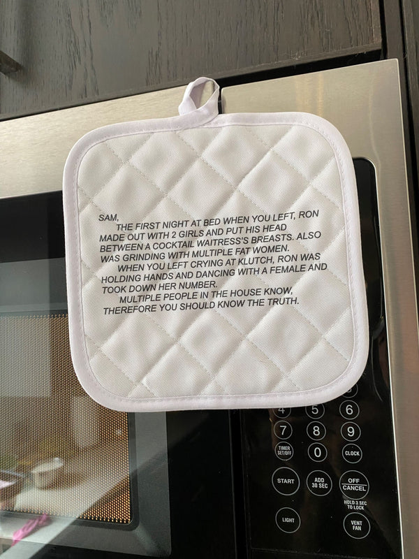 Jersey Shore-themed pot holder adorned with 'The Note' and the Dear Sam anonymous letter, blending functionality with a touch of reality TV flair for your kitchen.