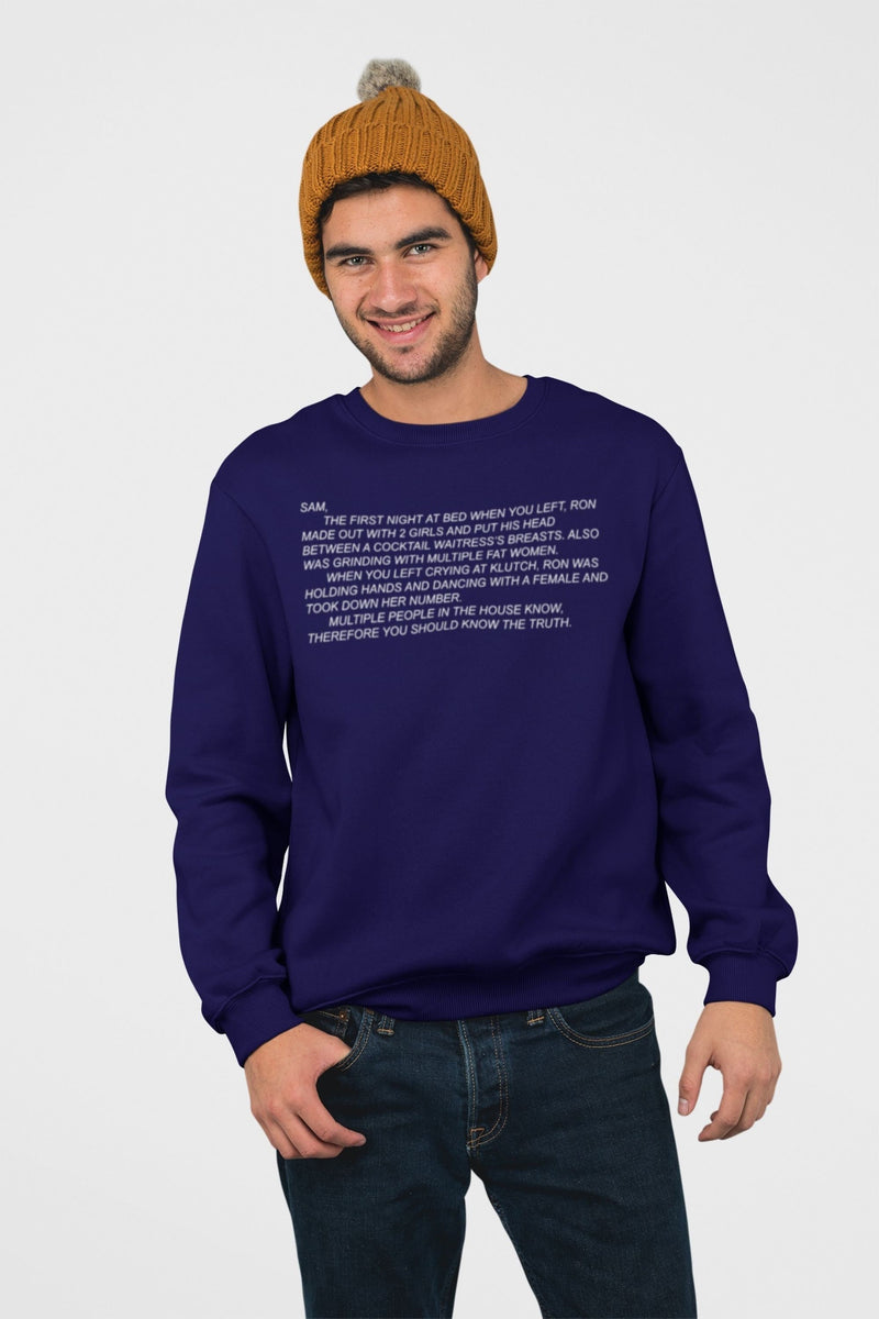 Cozy unisex crewneck sweatshirt featuring 'The Note' from Jersey Shore, with the infamous Dear Sam anonymous letter