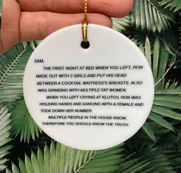 ceramic ornament from 'Jersey Shore' showcasing 'The Note' with the Dear Sam anonymous letter