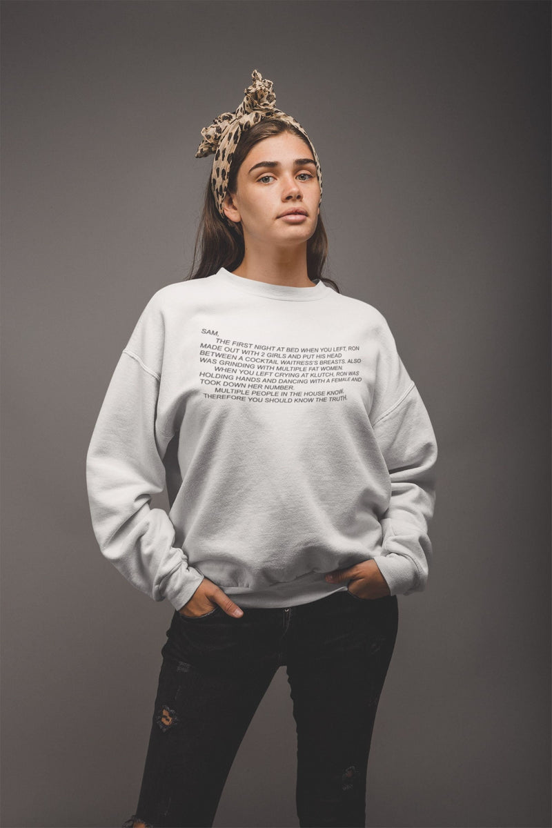 Cozy unisex crewneck sweatshirt featuring 'The Note' from Jersey Shore, with the infamous Dear Sam anonymous letter