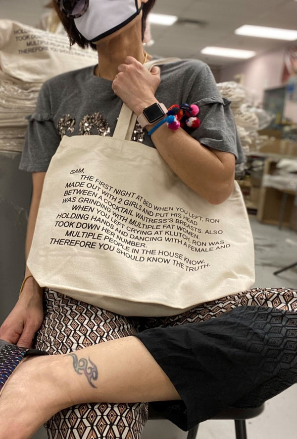 Durable canvas tote bag adorned with the infamous Jersey Shore anonymous note, perfect for fans seeking a practical yet stylish way to carry their essentials.