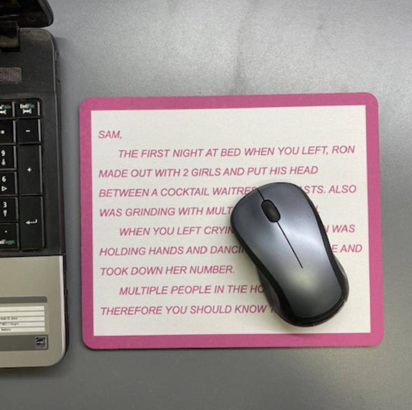 Vibrant 'Jersey Shore The Note' mouse pad featuring eye-catching pink lettering, a perfect blend of functionality and style for office desk decor.