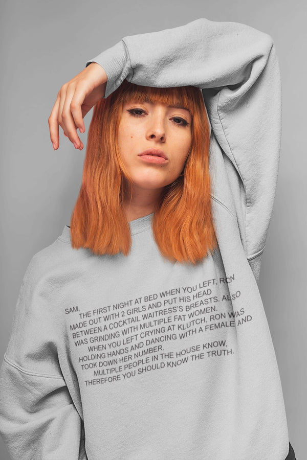 Cozy unisex crewneck sweatshirt featuring 'The Note' from Jersey Shore