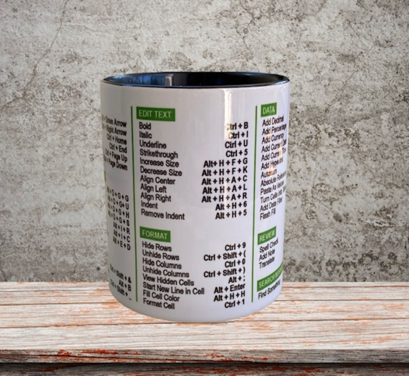 Excel (for Windows) Shortcuts Mug 11 oz Coffee Mug , coworker coffee mug, office gift, Excel Shortcuts cheat (White/Black )