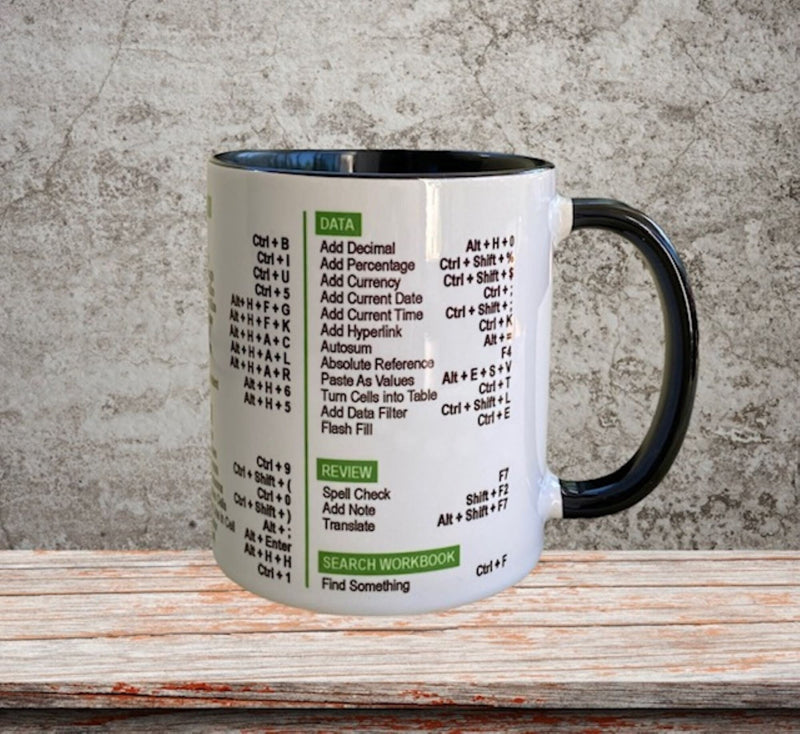 Excel (for Windows) Shortcuts Mug 11 oz Coffee Mug , coworker coffee mug, office gift, Excel Shortcuts cheat (White/Black )