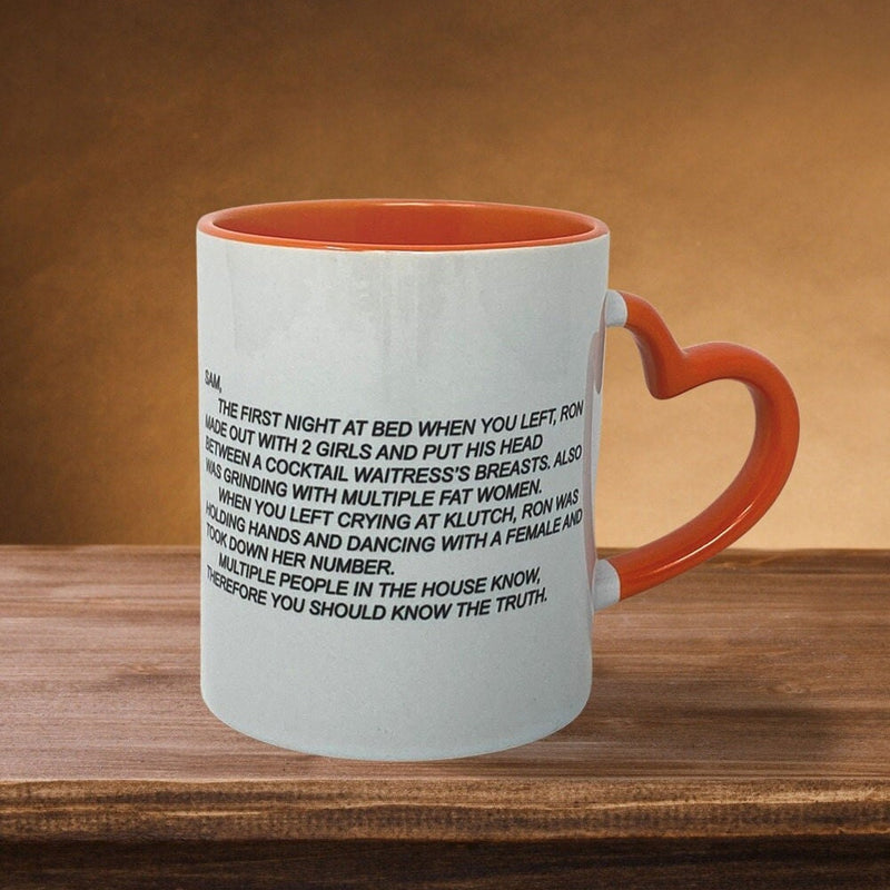 Jersey Shore "The Note" Coffee Mug, Dear Sam Anonymous Letter 11oz Coffee Cup with Heart Shaped Handle