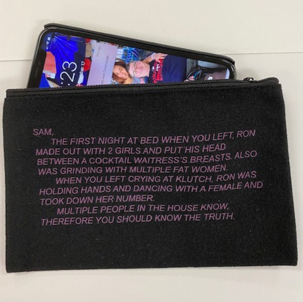 Versatile black canvas zippered makeup bag from the Jersey Shore collection, adorned with the iconic anonymous note, perfect as a pencil case, party gift bag, or coin purse.
